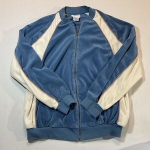 Irvine Park Vintage Blue & Cream Velour Track Jacket, Full Zip, Size L